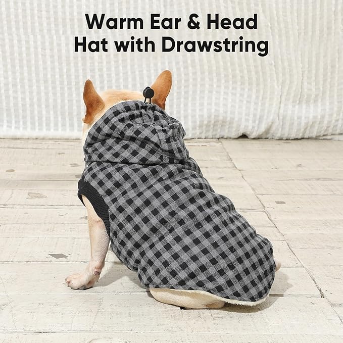 Fleece Lining Dog Hoodie for Medium Dogs Extra Warm Plaid Sweater with Drawstring Hooded Coats in Winter Doggie Jacket,Black XL