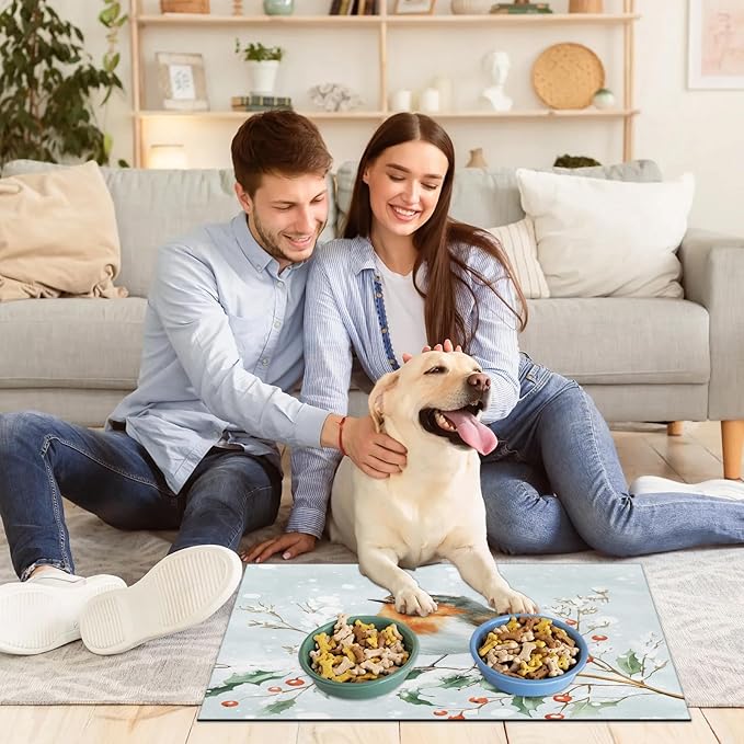 Winter Bird Dog Food Mat for Floors Absorbent, Quick Dry Water Dispenser Mat for Food, Water, Pet Supplies 24" x 32", Xmas Holly