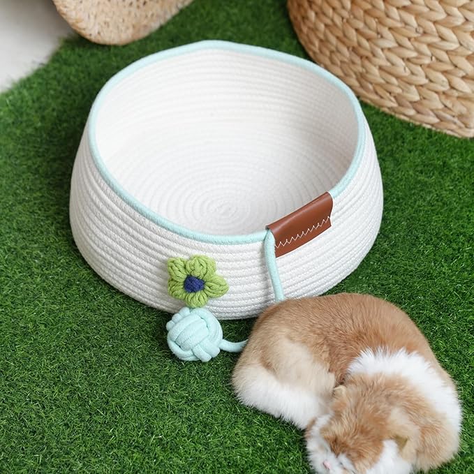 Natural Cat Bed Cotton Rope Woven for All Seasons Cat Nest Basket Washable,Cute Green Flower Decor,Cozy Kitten Mat Scratcher Round Shape for Indoor(White)