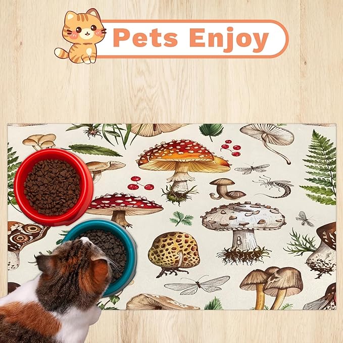 Cute Mushroom Dog Food Mat for Floors Absorbent Dog Bowl Mat for Food and Water Dispenser Quick Dry Cat Food Placemat Pet Supplies 17" x 30", Fall Plant