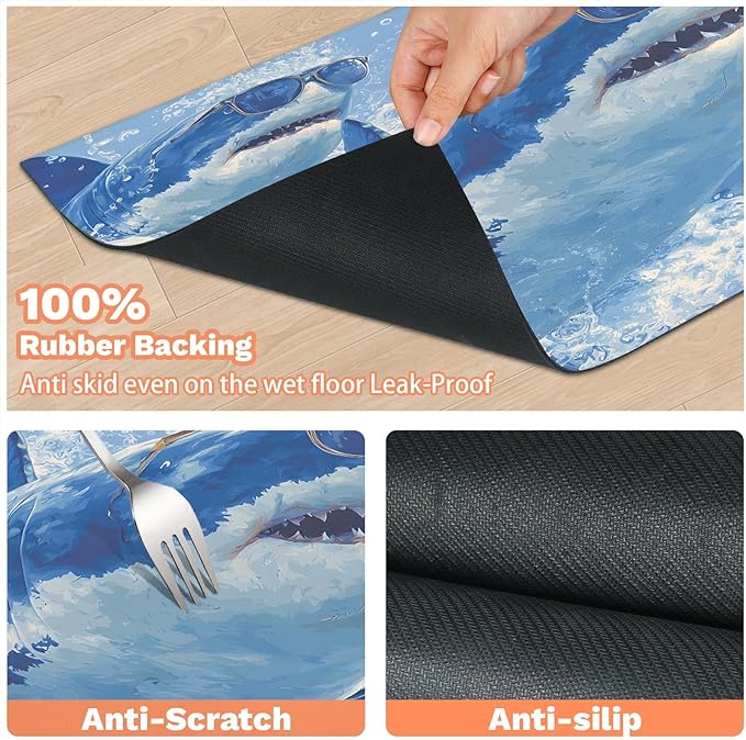 Cool Sharks Dog Food Mat for Floors Absorbent Dog Bowl Mat for Food and Water Dispenser Quick Dry Cat Food Placemat Pet Supplies 17" x 30", Coastal Nautical