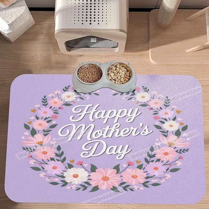 Pet Feeding Mat for Floors Waterproof Dog Mat for Food and Water Happy Mother's Day Floral Gift Mom Ez Absorbent Quick Dry Non Slip Mats Cat Bowls 24x16In