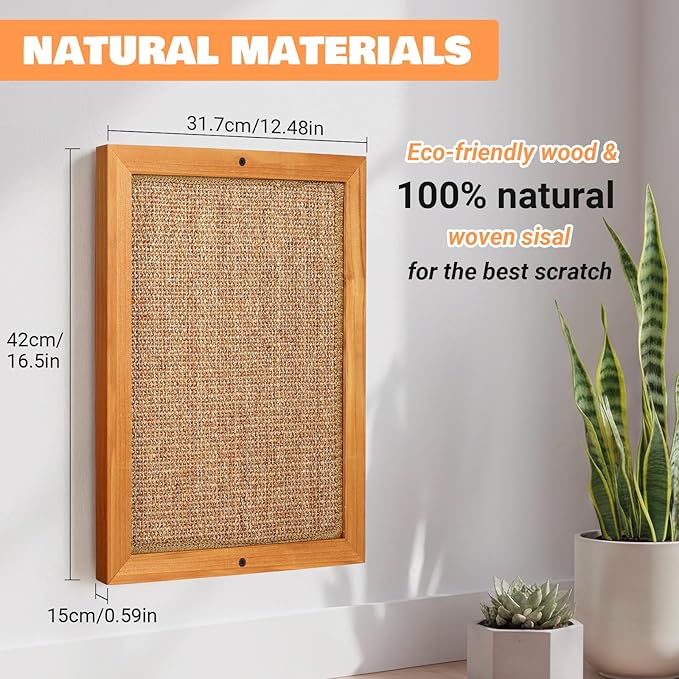 Extra Large Wall Mounted Cat Scratching Post, Wooden Sisal Panel Scratcher, Natural Wood Frame with Durable Sisal Rope Surface for Cats, Protects Furniture from Scratching