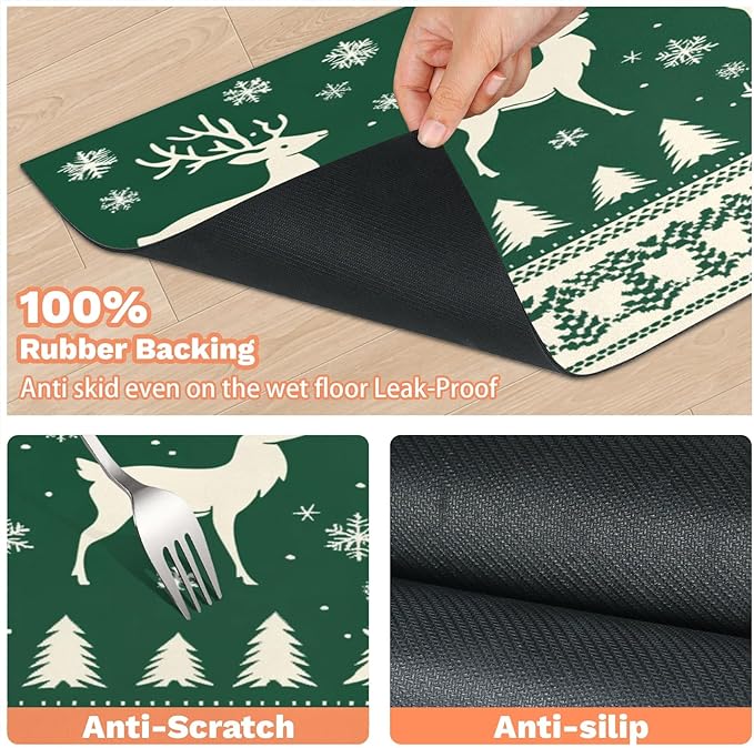 Xmas Deer Dog Food Mat for Floors Absorbent, Quick Dry Water Dispenser Mat for Food, Water, Pet Supplies 16" x 24", Snowflake Tree