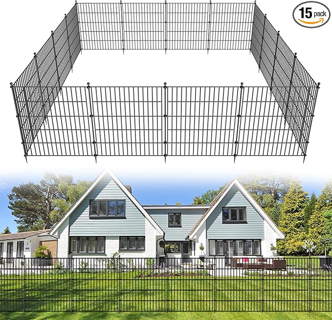 15 Panels No Dig Decorative Outdoor Garden Fence for Yard, 32 in(H) X 35.4 ft(L) Animal Barrier Fencing Rustproof Metal Wire Panel Border for Dog, Rabbits, and Patio Temporary Ground Stakes