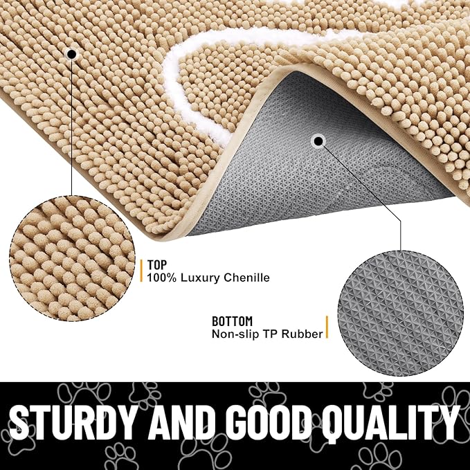 Smiry Dog Door Mat for Muddy Paws, Absorbent Dirt Trapper Non Slip Quick Dry Washable Chenille Mat for Mud Dogs, Entry Rug for Indoor and Outdoor (59x32 Inches, Beige and White)
