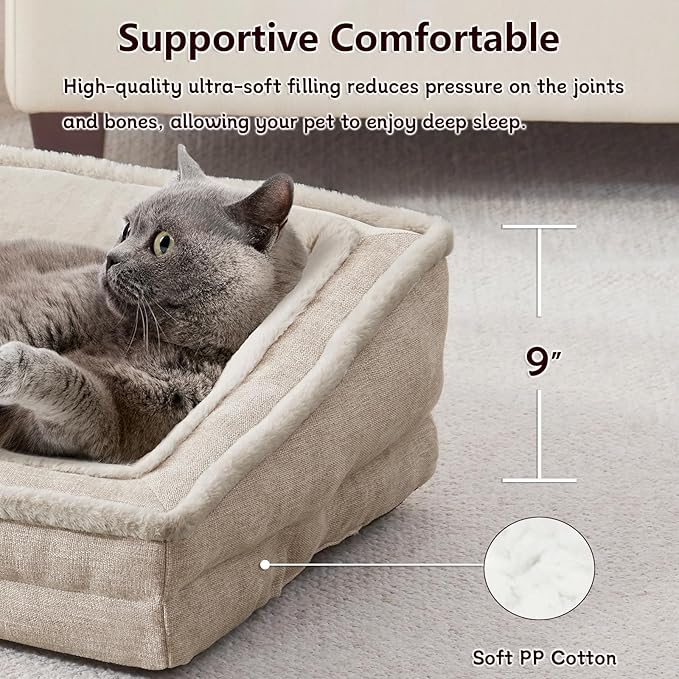 Cat Couch for Pets, Washable Cat Beds for Indoor Cats, Super Soft Plush Supportive Dog Couch Bed for Puppy and Kitten with Anti-Slip Bottom, 26inch, Beige