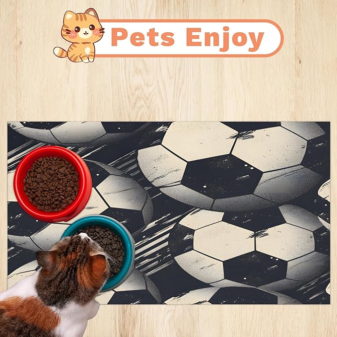 Soccer Dog Food Mat for Floors Absorbent, Quick Dry Water Dispenser Mat for Food, Water, Pet Supplies 17" x 30", Football