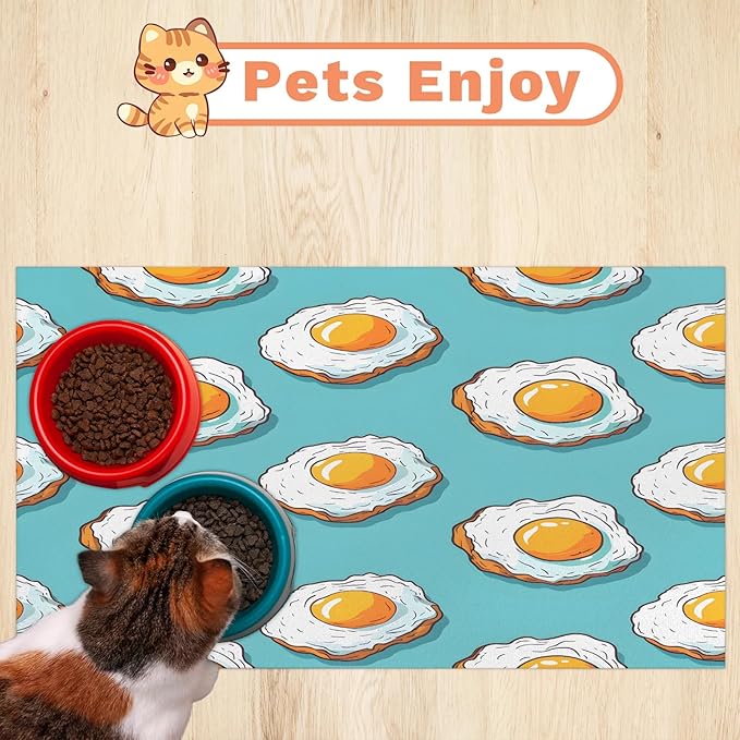 Cute Egg Dog Food Mat for Floors Absorbent Dog Bowl Mat for Food and Water Dispenser Quick Dry Cat Food Placemat Pet Supplies 24" x 32", Cartoon Fried Egg