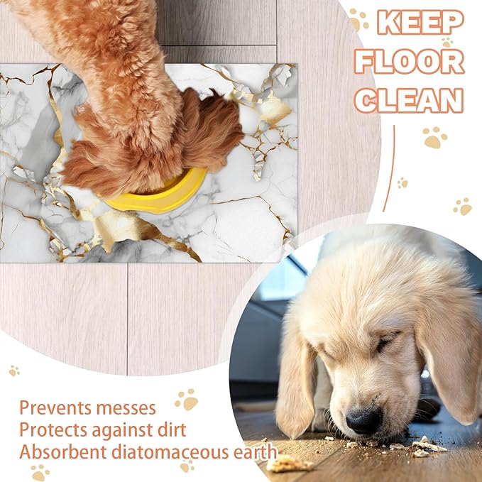 Marble Dog Food Mat for Floors Absorbent, Quick Dry Water Dispenser Mat for Food, Water, Pet Supplies 17" x 30", Grey Gold