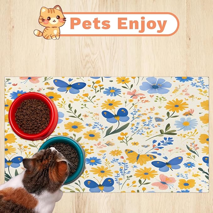 Spring Butterfly Dog Food Mat for Floors Absorbent, Quick Dry Water Dispenser Mat for Food, Water, Pet Supplies 12" x 20", Wildflower