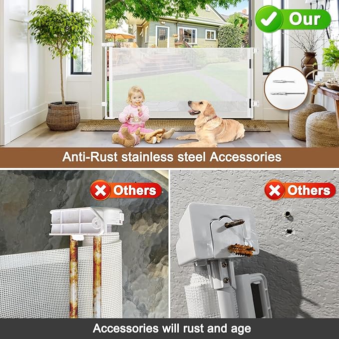 Weatherproof Outdoor Retractable Baby Gates for Decks, 55" Wide Waterproof Retractable Dog Gate with No Rust Screws and Rods, Scratch-Resistant Mesh Outdoor Baby Gate/Fence/Barrier/Screen, White
