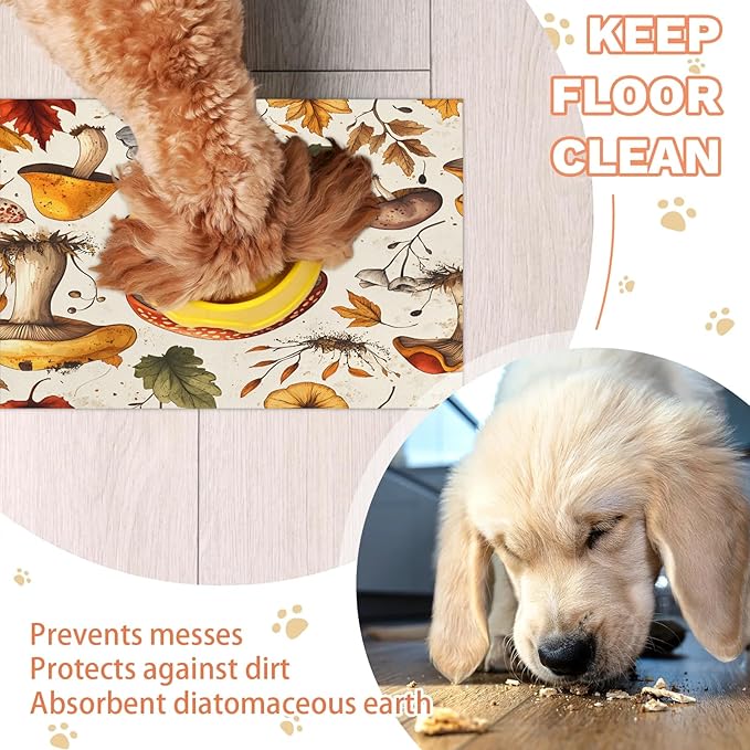 Retro Mushroom Dog Food Mat for Floors Absorbent Dog Bowl Mat for Food and Water Dispenser Quick Dry Cat Food Placemat Pet Supplies 16" x 24", Fall Leaves