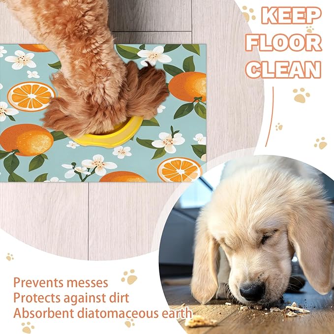 Orange Fruit Dog Food Mat for Floors Absorbent Dog Bowl Mat for Food and Water Dispenser Quick Dry Cat Food Placemat Pet Supplies 12" x 20", Citrus Green Leaves