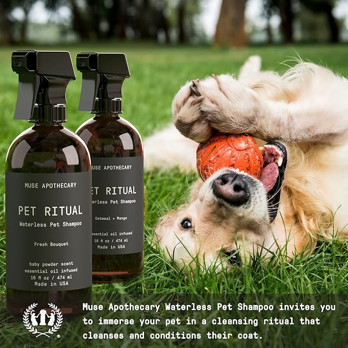 Muse Apothecary Pet Ritual Aromatic Waterless Dog Shampoo - No Rinse Dry Shampoo for Dogs & Cats - Essential Oils Infused, 16oz Fresh Bouquet