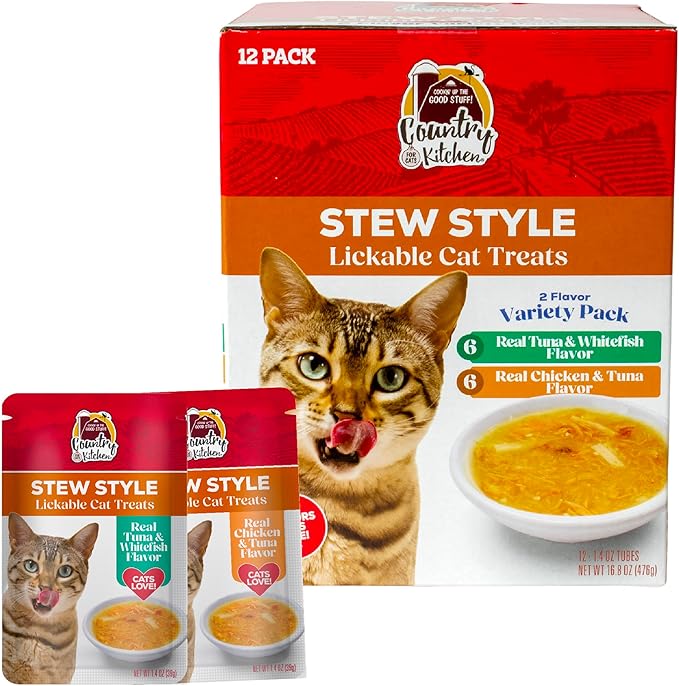 Country Kitchen Stew Style Lickable Cat Treats, 2 Flavor Variety Pack, Includes Tuna & Whitefish and Chicken & Tuna Made with Real Meat, 5 oz. Tubes, 12 Count