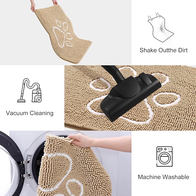Smiry Dog Door Mat for Muddy Paws, Absorbent Dirt Trapper Non Slip Quick Dry Washable Chenille Mat for Mud Dogs, Entry Rug for Indoor and Outdoor (59x20 Inches, Beige and White)