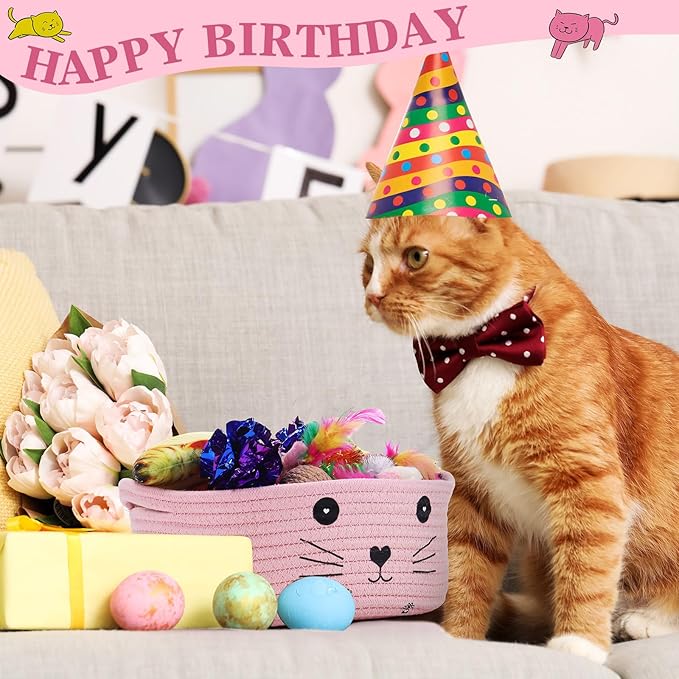 Zopeal 58 Pcs Easter Cat Storage Basket Gift Toys Set, Colorful Flashing Balls Pet Bell Crinkle Balls Spring Toys Attract Cat to Swat, Hunt, Interactive for Pet(Pink,9.8 Inch)
