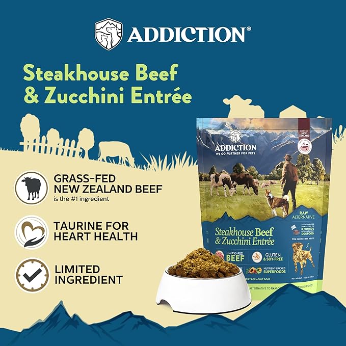 Addiction Steakhouse Beef & Zucchini Air-Dried Grain-Free Dog Food – Complete Meal or Topper with Natural Ingredients for Digestive and Skin & Coat Health, 2lb