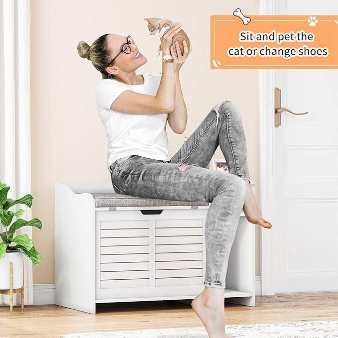 Cat Litter Box Enclosure, Litter Box Enclosure with Top Opening with Cushion, Cat Litter Box Cabinet Furniture Hidden, Litter Box Hidden, Cat House, White Medium