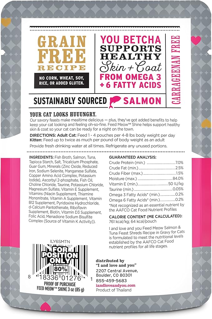 I and Love and You Feed Meow Shine Wet Cat Food - Salmon + Tuna - Coat and Skin Support, Grain Free, Shreeded, No Fillers, 3oz Pack of 12