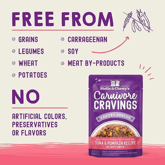 Stella & Chewy's Carnivore Cravings Wet Cat Food - Premium Pouches - Grain Free, High Protein Tuna & Pumpkin - Perfect For Picky Eaters - Complete Meal or Topper (2.8 oz, 24 Pack)