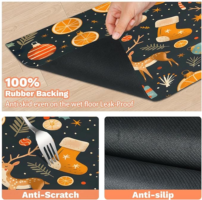 Christmas Deer Dog Food Mat for Floors Absorbent, Quick Dry Water Dispenser Mat for Food, Water, Pet Supplies 16" x 24", Orange Socks Ball