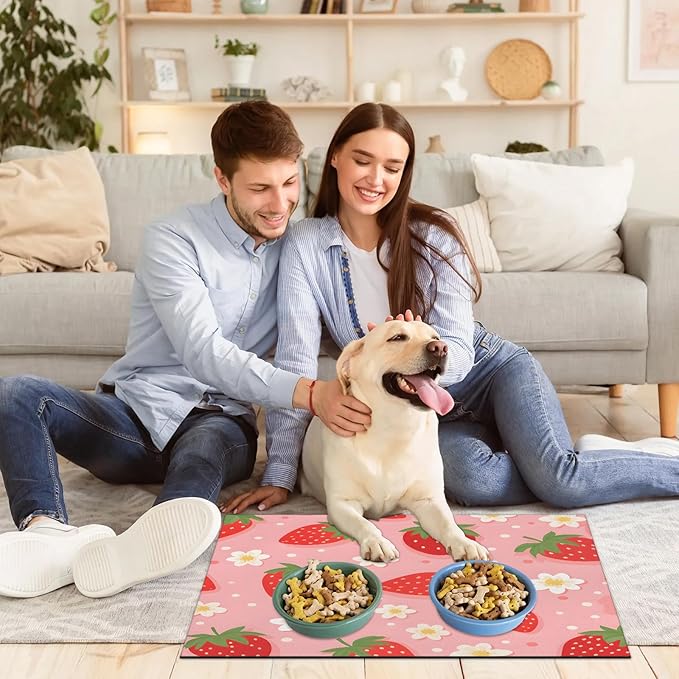 Red Strawberry Dog Food Mat for Floors Absorbent Dog Bowl Mat for Food and Water Dispenser Quick Dry Cat Food Placemat Pet Supplies 12" x 20", Flower