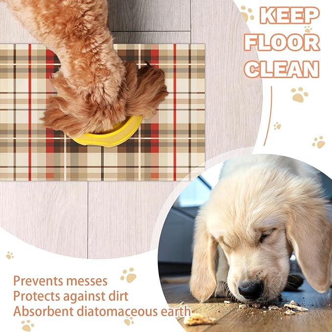 Plaid Dog Food Mat for Floors Absorbent, Quick Dry Water Dispenser Mat for Food, Water, Pet Supplies 24" x 32", Checkered Linen