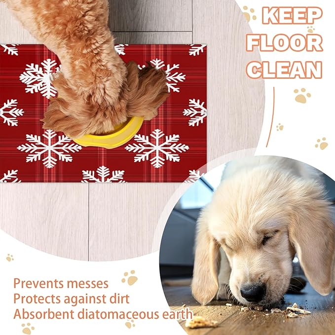 Xmas Snowflake Dog Food Mat for Floors Absorbent, Quick Dry Water Dispenser Mat for Food, Water, Pet Supplies 16" x 24", Christmas