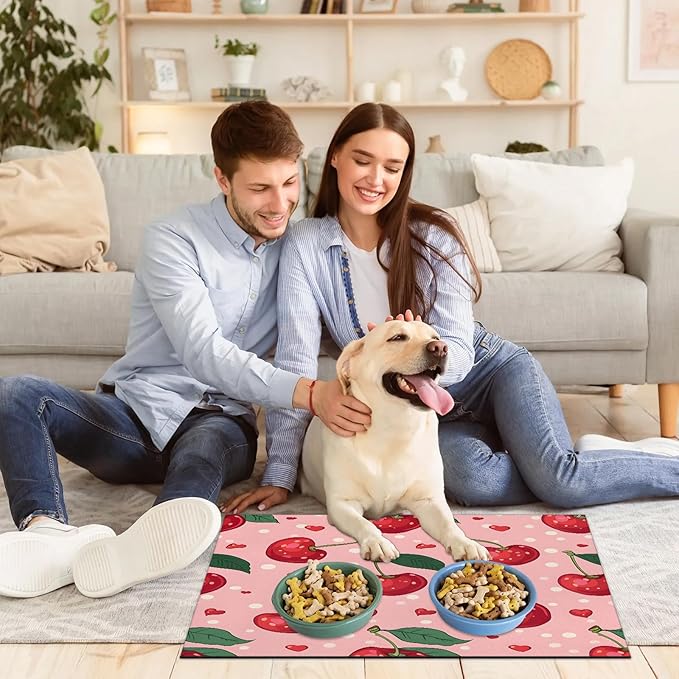 Pink Cherry Dog Food Mat for Floors Absorbent Dog Bowl Mat for Food and Water Dispenser Quick Dry Cat Food Placemat Pet Supplies 24" x 32", Cute Fruit