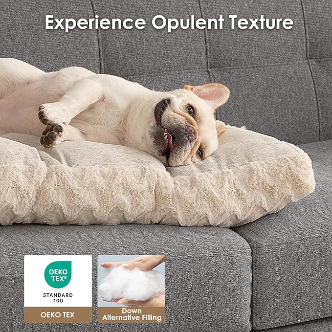EHEYCIGA Washable Large Dog Bed for Crate 35x23 Inch, Reversible Kennel Pad for Dogs Weight Up to 45 lbs, Plush and Comfy Pet Sleeping Mat, Beige