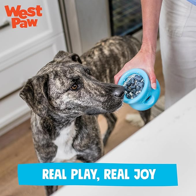 WEST PAW Zogoflex Toppl Interactive Treat Dispensing Puzzle Dog Toy for Mental Stimulation & Enrichment-Holds Kibble & Treats-Lickable, Freezable & Dishwasher Safe-Made in USA-Large-Tangerine
