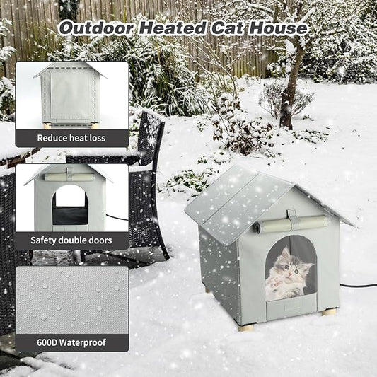 BWOGUE Elevated Heated Cat House for Outdoor Cats in Winter, Waterproof & Insulated Feral Cat Shelter for Outside Cats,Weatherproof Feral Cat House for Outside (Grey, S - Wooden feet)