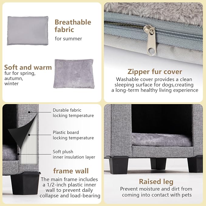 Indoor Dog House, Elevated Foldable Dog Cave Bed with Removable Plush Mat for Small Dogs and Cats Up to 15.7 Inches Long
