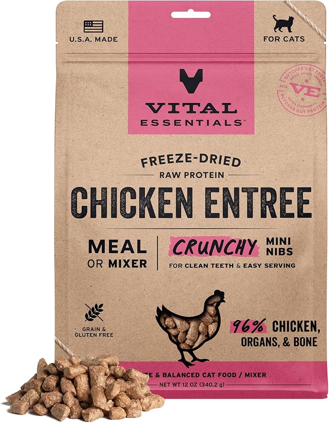 Vital Essentials Freeze Dried Cat Food, Raw Chicken Crunchy Mini Nibs | Complete Meal or Topper | 96% Chicken, Organs & Bone | Limited Ingredient, High Protein, Grain Free Dry Cat Food | 12 oz Bag