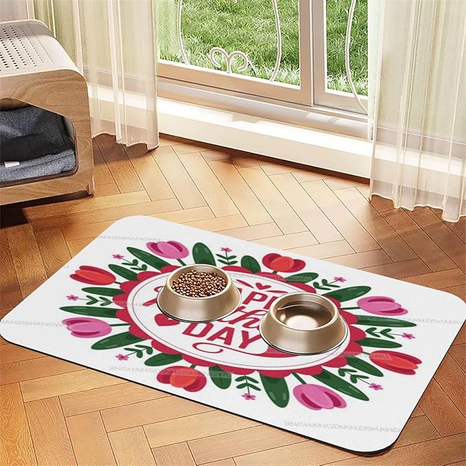 Dog Food Mat for Floors Absorbent Quick Drying Happy Mother's Day Floral Gift for Mom Tulip Er Pet Cat Food Mat Easy-to-Clean Pet Feeding Mats Dog Bowl Mats 18X12In