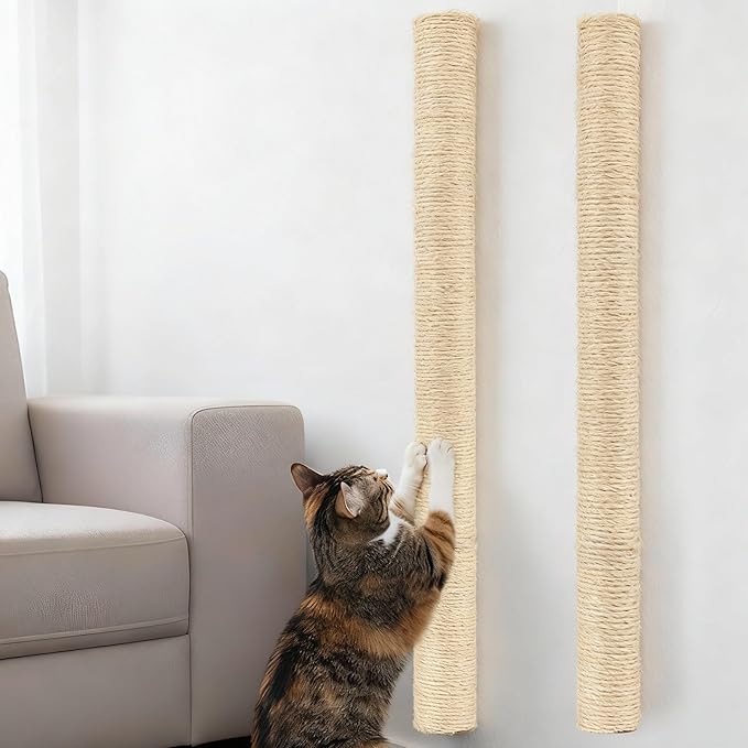 2 Pcs 30" Wall Mounted Cat Scratching Post for Large Cats, Wall Mounted Sisal Scratching Post, Furniture for Indoor Cats Climb Stretch Play, Tall and Sturdy Cat Climbing Pole