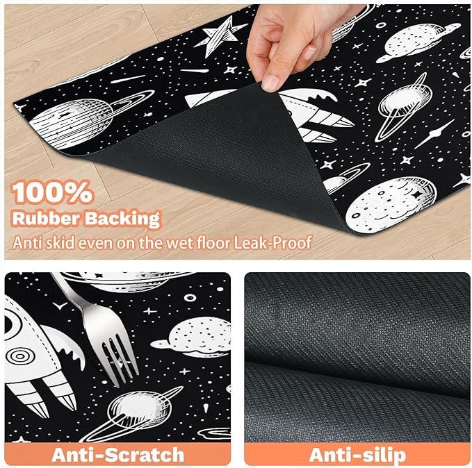 Outer Space Dog Food Mat for Floors Absorbent, Quick Dry Water Dispenser Mat for Food, Water, Pet Supplies 16" x 24", Space Rocket