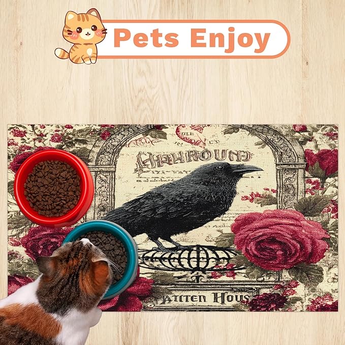 Halloween Raven Dog Food Mat for Floors Absorbent, Quick Dry Water Dispenser Mat for Food, Water, Pet Supplies 16" x 24", Vintage Flower