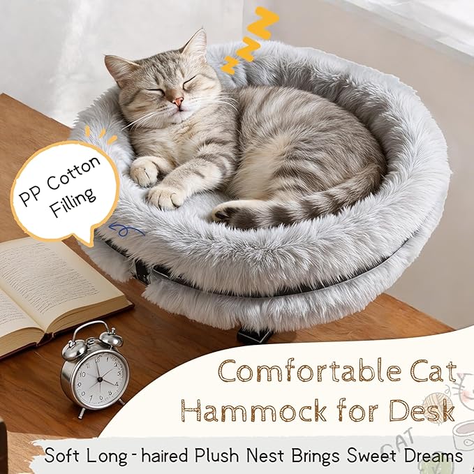 Cat Bed for Desk 360° Rotating, Cat Desk Bed with Adjustable Height, Removable Desk Mounted Kitty Bed with Soft Fur, Desktop Cat's Hammock Supports 33 lbs for Table Home Office Indoor