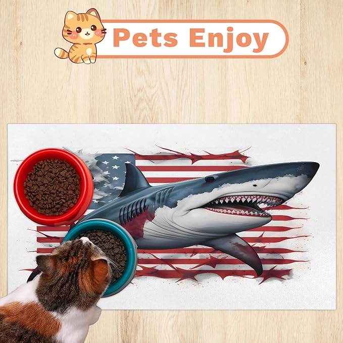 Cool Sharks Dog Food Mat for Floors Absorbent Dog Bowl Mat for Food and Water Dispenser Quick Dry Cat Food Placemat Pet Supplies 12" x 20", American Flag