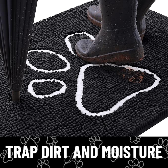 Smiry Dog Door Mat for Muddy Paws, Absorbent Dirt Trapper Non Slip Quick Dry Washable Chenille Mat for Mud Dogs, Entry Rug for Indoor and Outdoor (30x20 Inches, Black and White)
