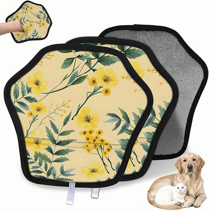 Yellow Flowers Leaves Electrostatic Pet Hair Removal Glove for Cats & Dogs - Reusable Grooming Mitt for Couch, Carpet, Car Seat & Laundry - Large 9x9 Inch