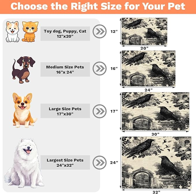Halloween Crow Dog Food Mat for Floors Absorbent, Quick Dry Water Dispenser Mat for Food, Water, Pet Supplies 16" x 24", Skull