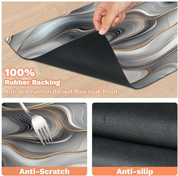 Marble Dog Food Mat for Floors Absorbent, Quick Dry Water Dispenser Mat for Food, Water, Pet Supplies 16" x 24", Grey Gold Abstract