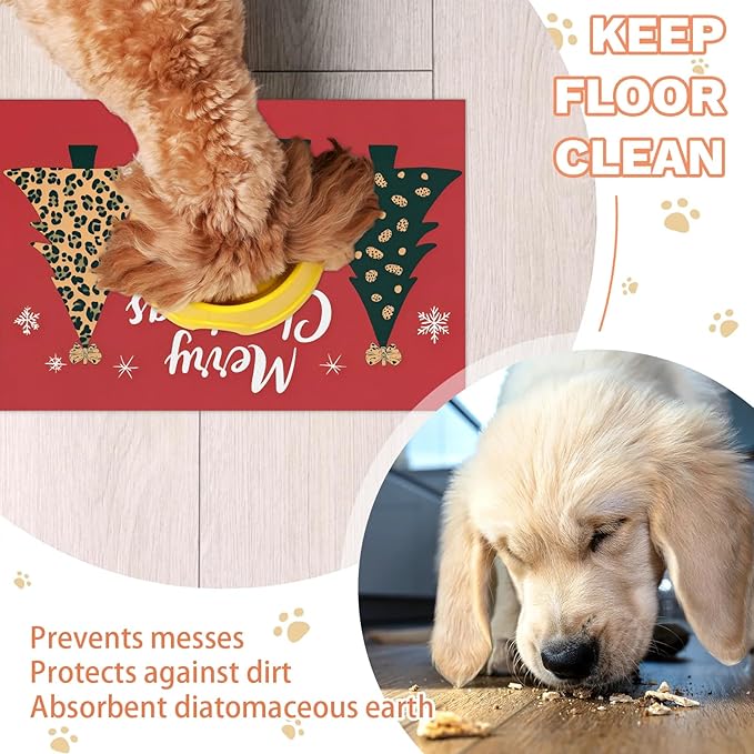 Merry Christmas Dog Food Mat for Floors Absorbent, Quick Dry Water Dispenser Mat for Food, Water, Pet Supplies 16" x 24", Xmas Tree