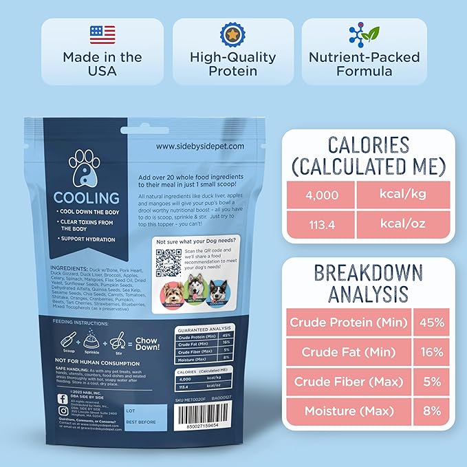 Side by Side Duck Bowl Booster - Cooling Freeze-Dried Dog Food Topper for All Breeds - Made with Nutrients & Whole Raw Foods Toppers for Dogs - No Artificial Additives or Fillers (4 oz.,2-Pack)