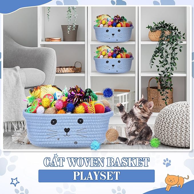 Zopeal 58 Pcs Easter Cat Storage Basket Gift Toys Set, Colorful Flashing Balls Pet Bell Crinkle Balls Spring Toys Attract Cat to Swat, Hunt, Interactive for Pet(Light Blue,9.8 Inch)