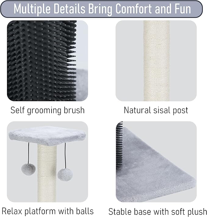 Dimaka 27" Tall Cat Scratching Post, Plush Top Perch and Bottom Soft Brush, Vertical Sisal Rope Scratch Posts with Balls for Indoor Cats and Kitten (Grey)